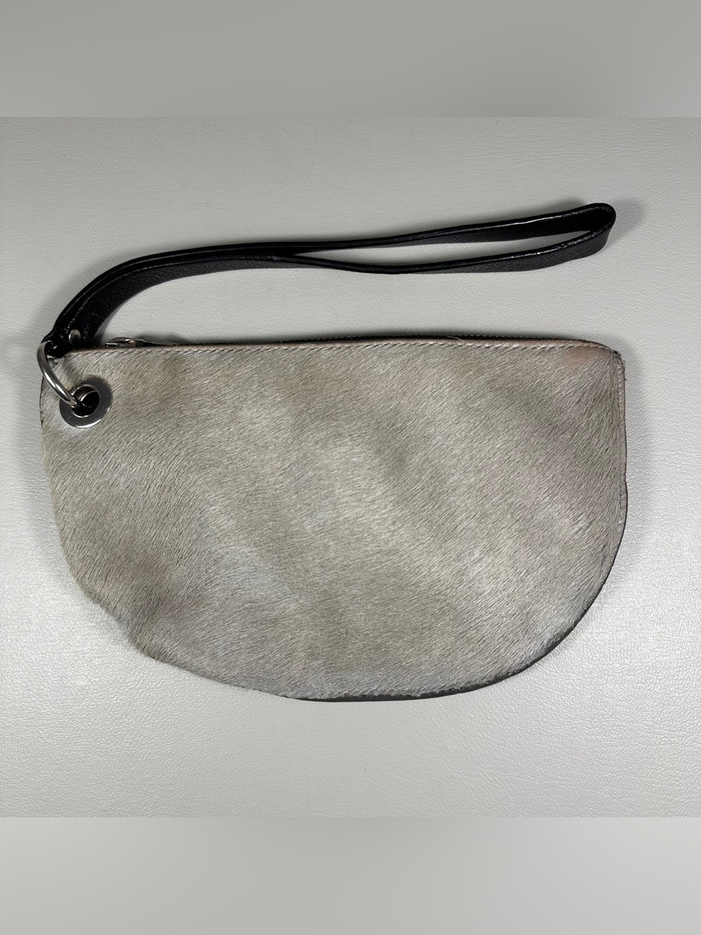 PUNTO FIBBIA Italian Calf Hair Genuine Leather Half Circle Wristlet Clutch